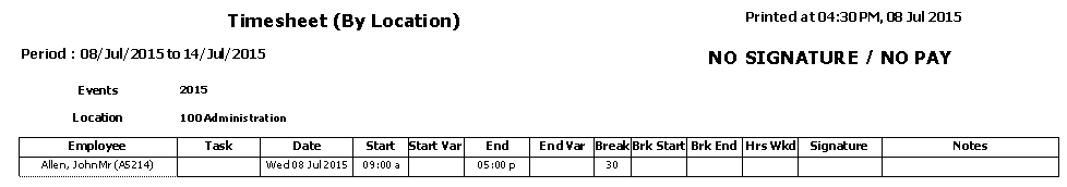 Timesheet By Location