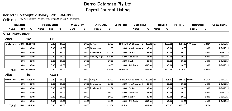 Payroll Journal Listing