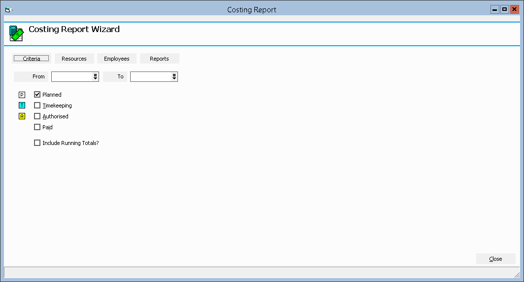 Figure #1: Costing Report Wizard ‘Criteria’ Tab