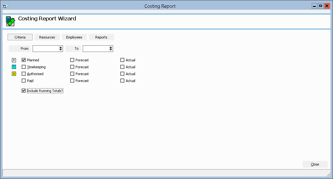 Figure #2: Costing Report Wizard ‘Criteria’ Tab (Running Totals Selected)