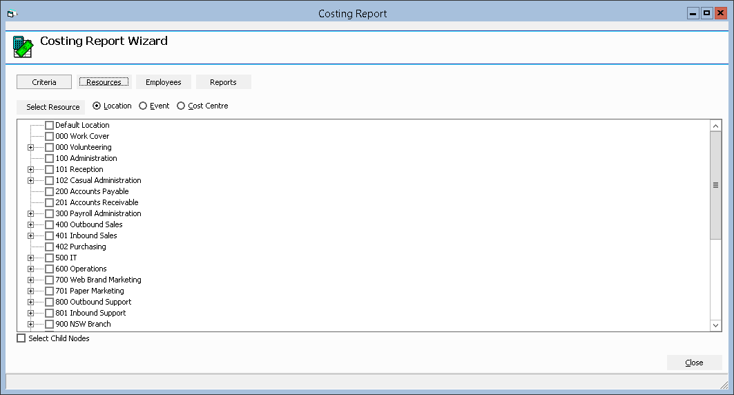 Figure #3: Costing Report Wizard ‘Resources’ Tab