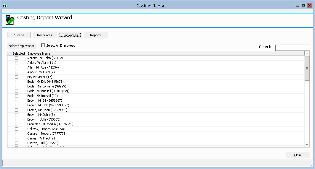 Figure #4: Costing Report Wizard ‘Employees’ Tab