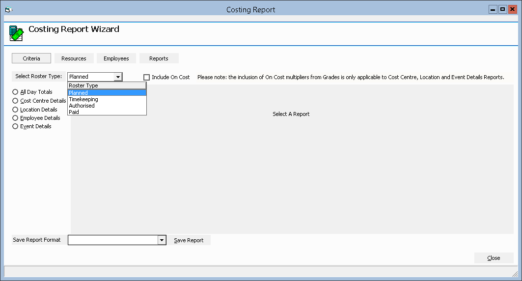 Figure #5: Costing Report Wizard ‘Reports’ Tab