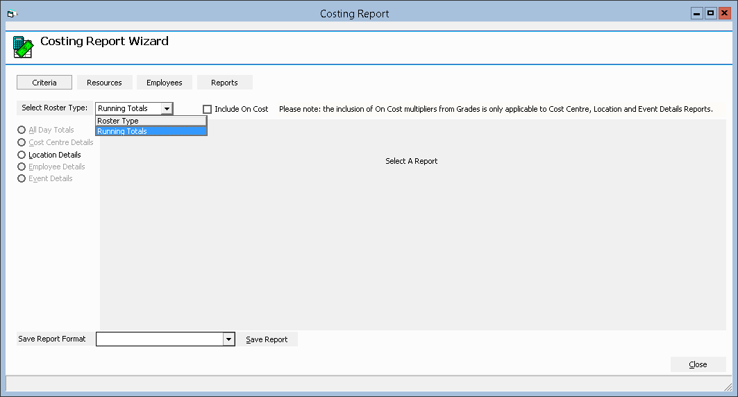 Figure #6: Costing Report Wizard ‘Reports’ Tab (Running Totals and Locations Selected)