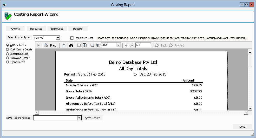 Figure #7: Costing Report Wizard All Day Totals Report