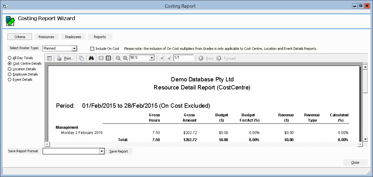 Figure #8: Costing Report Wizard Cost Centre Details Report