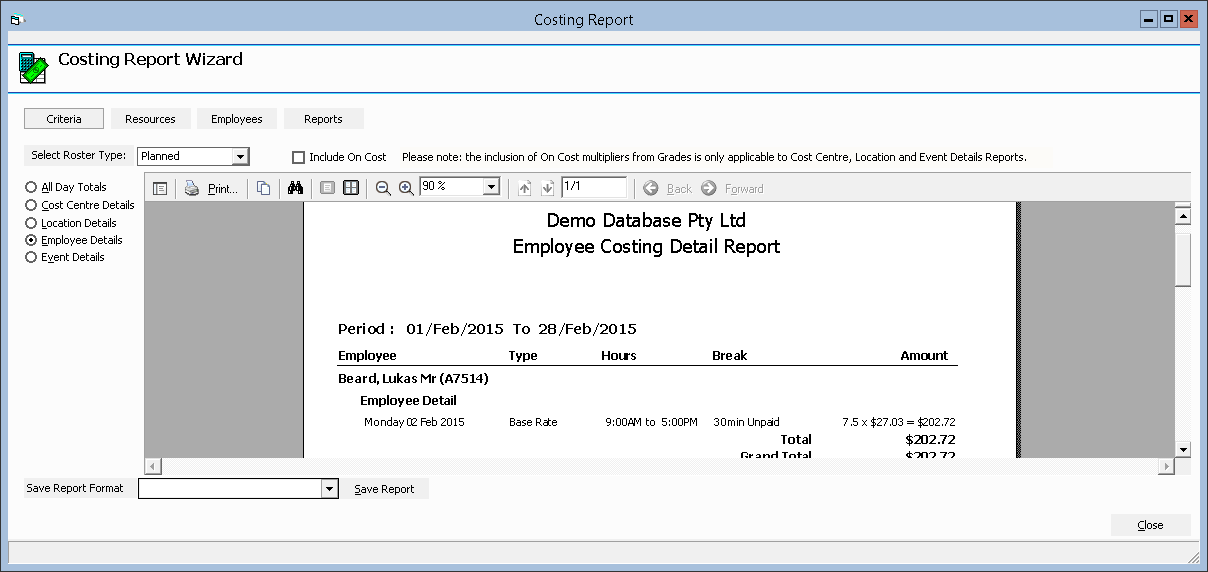 Figure #10: Costing Report Wizard Employee Details Report