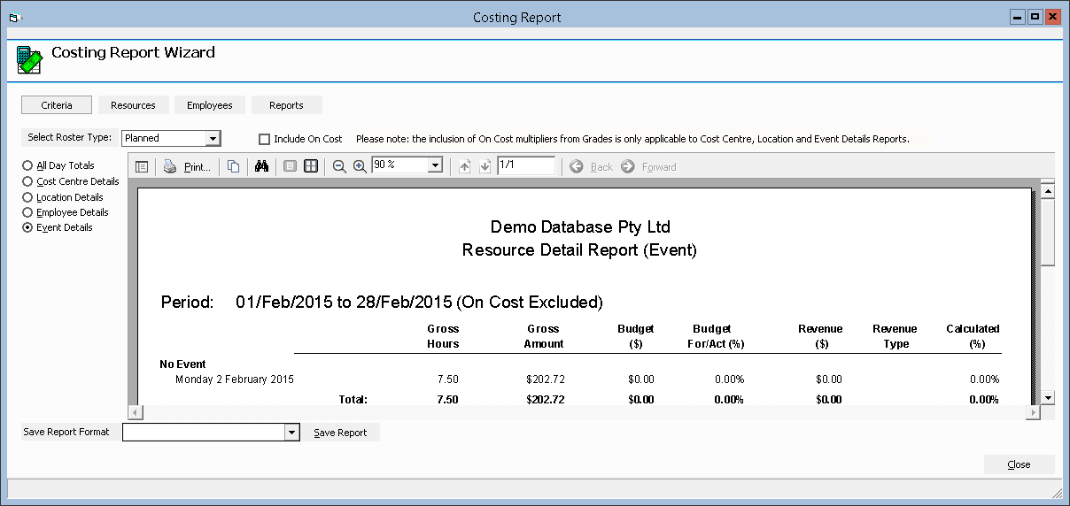 Figure #11: Costing Report Wizard Event Details Report