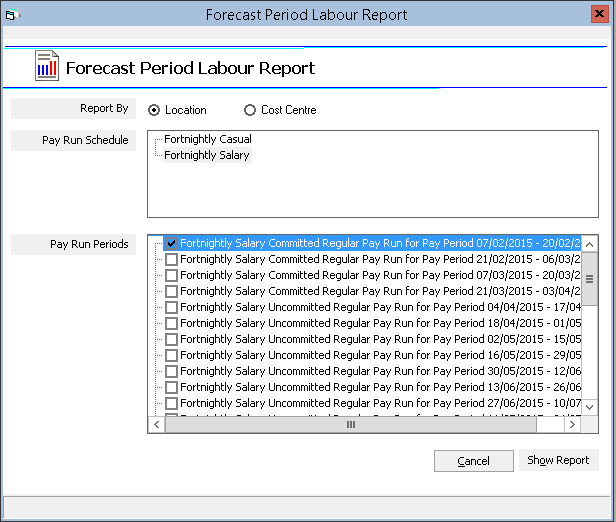 Figure #13: Forecast Labour Report (Pay Run Schedule Selected)