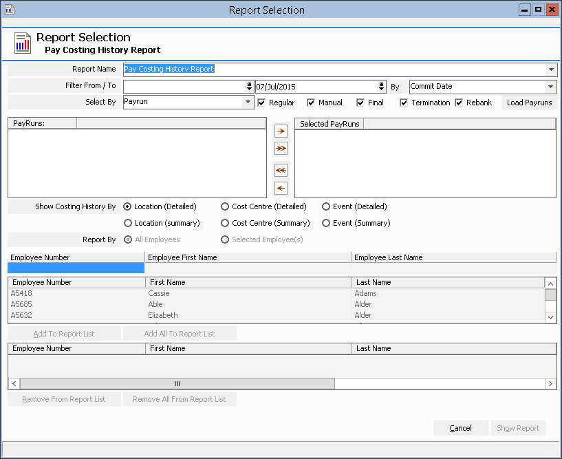 Figure #87: Inzenius Standard Reports Pay Costing History Report