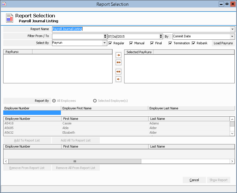 Figure #95: Inzenius Standard Reports Payroll Journal Listing